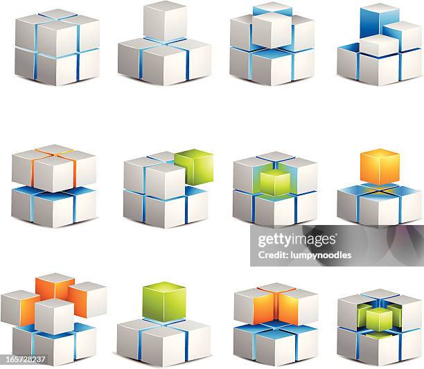 stockillustraties, clipart, cartoons en iconen met four white cube icons - 4 piece puzzle