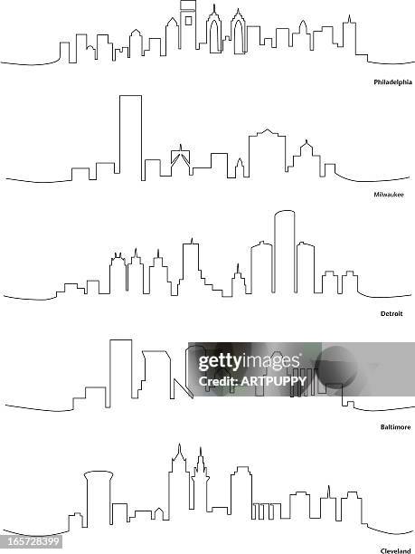 stylized line drawings of american cities - detroit vector stock illustrations