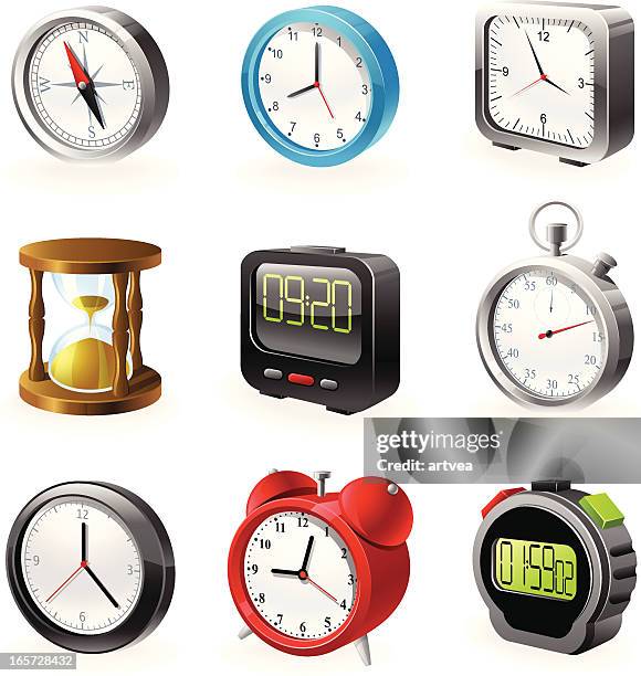 ilustraciones, imágenes clip art, dibujos animados e iconos de stock de iconos de relojes - alarm clock