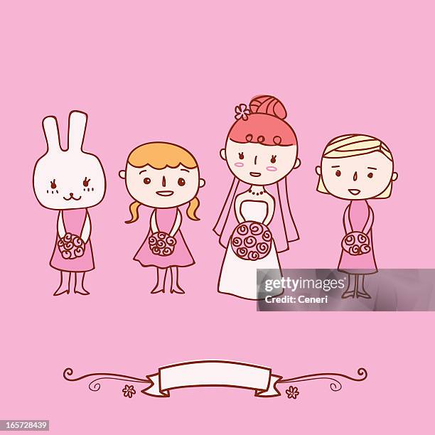 cute pink bridal party with bride and bridesmaids - bachelorette party stock illustrations
