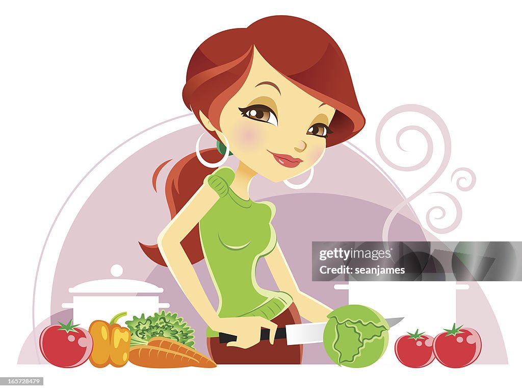 Cute Woman Cooking While Cutting Vegetables High-Res Vector Graphic - Getty  Images