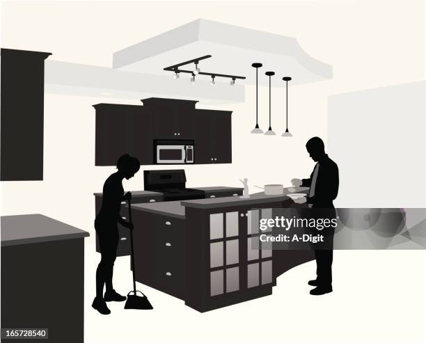 kitchen duties vector silhouette - couple doing housework stock illustrations