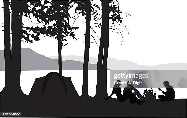 lake view vector silhouette - camping friends stock illustrations