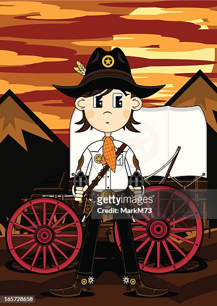 cowboy sheriff with chuck wagon - cowboy hat clipart stock illustrations