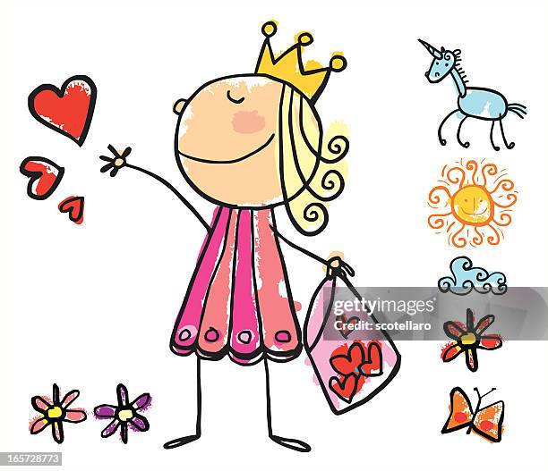 bildbanksillustrationer, clip art samt tecknat material och ikoner med giving hearts princess - children drawing white background