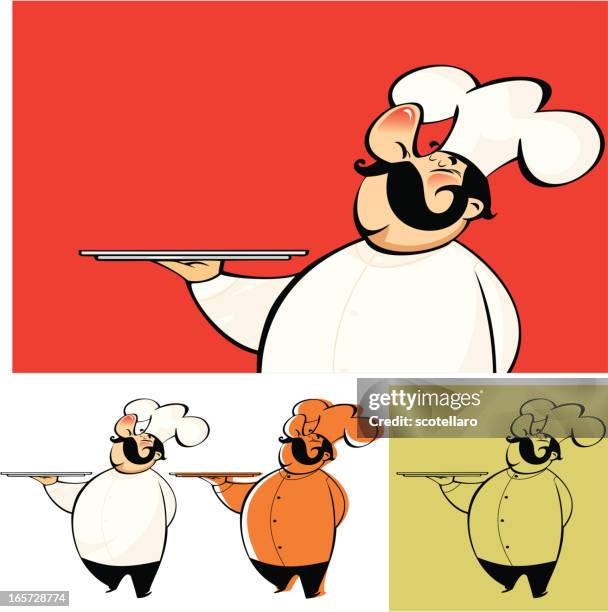 cartoon chef holding platter in various colors - dinner party background stock illustrations