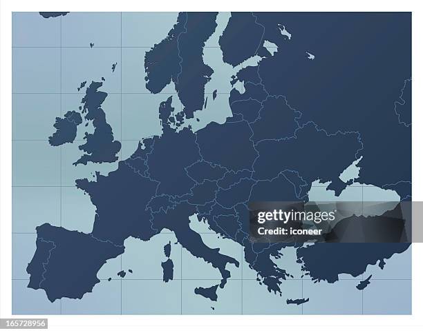 europa karte dark blue - dänemark irland stock-grafiken, -clipart, -cartoons und -symbole