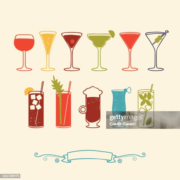 ilustraciones, imágenes clip art, dibujos animados e iconos de stock de vinos y cócteles - vaso de martini