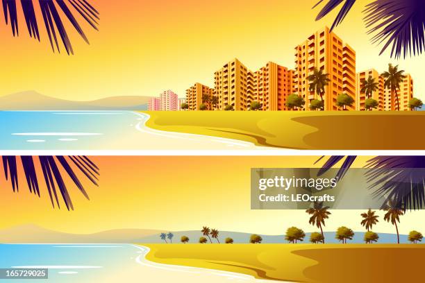 city on beach - skyline dusk stock illustrations