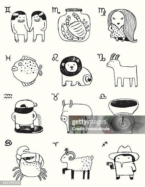 beschilderung des zodiac - doodle tiere stock-grafiken, -clipart, -cartoons und -symbole