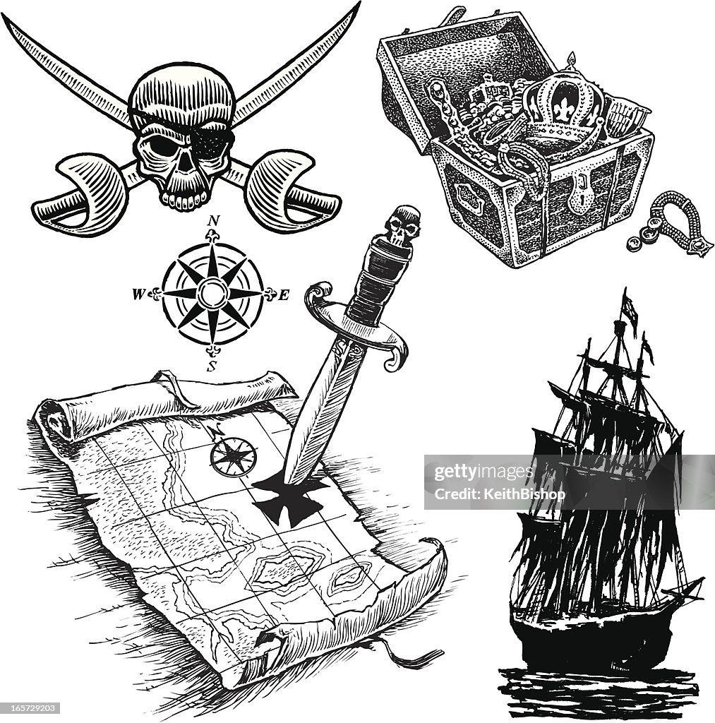 Pirate Items with Tresure Map, Ship and Skull