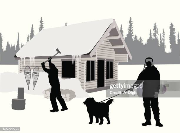 log cabin vector silhouette - snowshoe stock illustrations