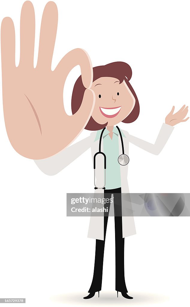 Female doctor smiling and gesturing ok hand sign