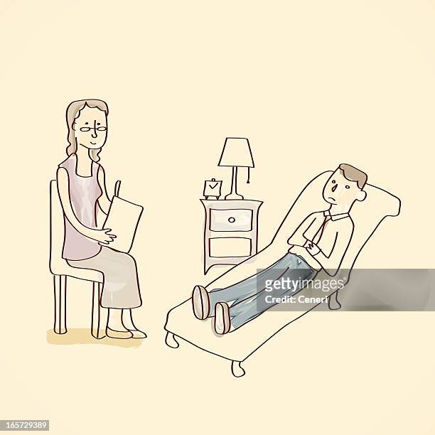 ilustraciones, imágenes clip art, dibujos animados e iconos de stock de hombre en psychotherapy sesión - psychiatrists couch