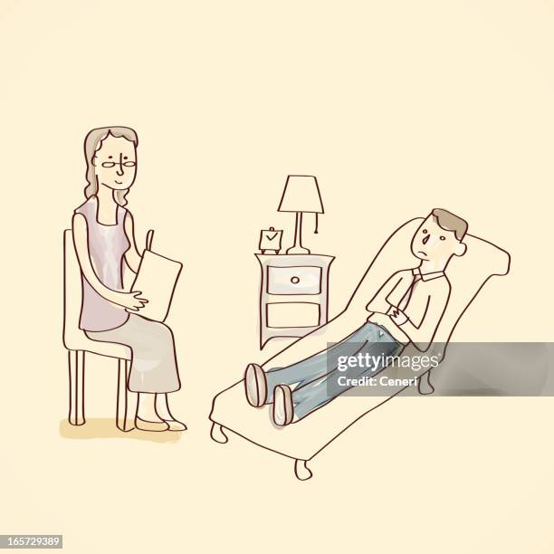 man at psychotherapy session - psychiatrists couch stock illustrations