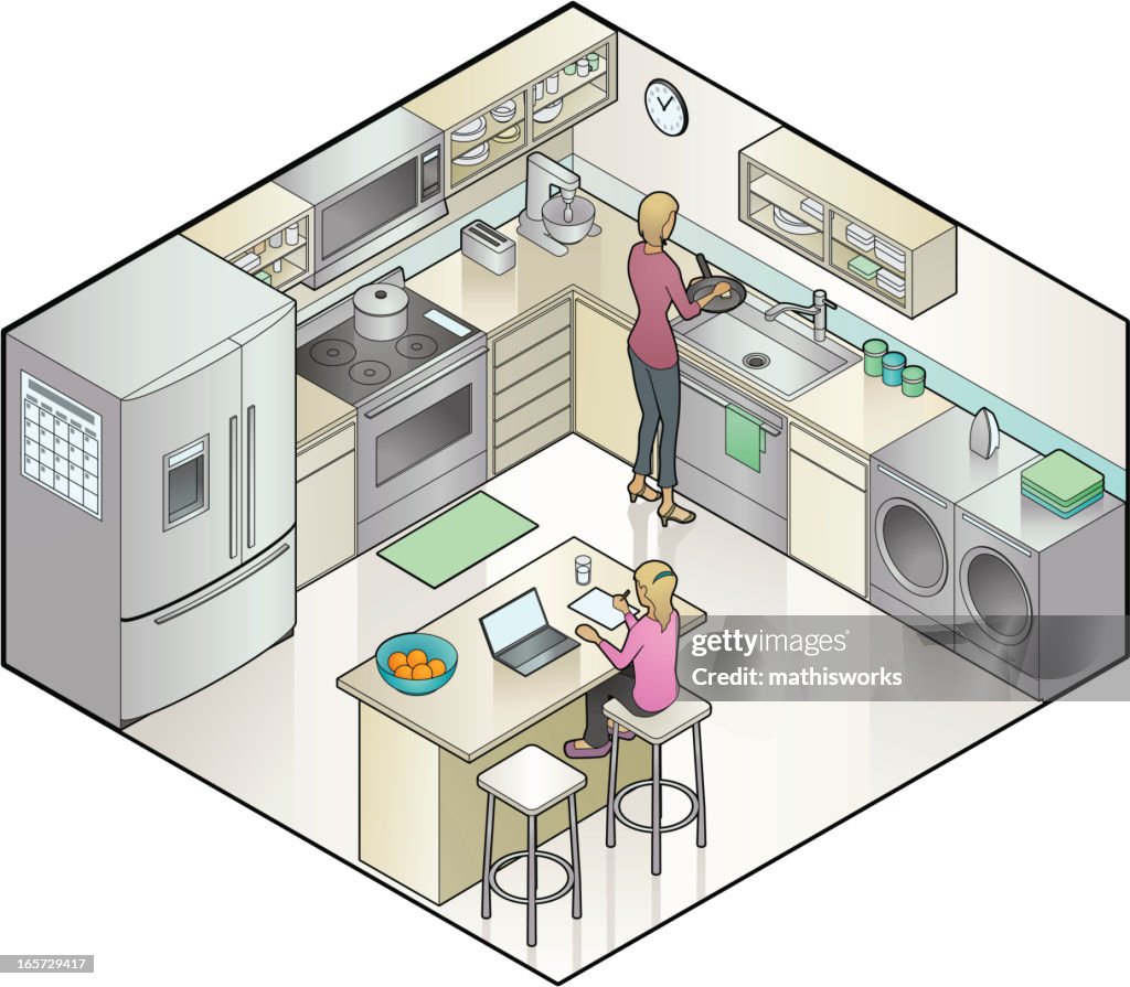 An illustration of a woman cooking in the kitchen