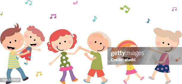 stockillustraties, clipart, cartoons en iconen met cute happy multi-generation family dancing - familie met meerdere generaties
