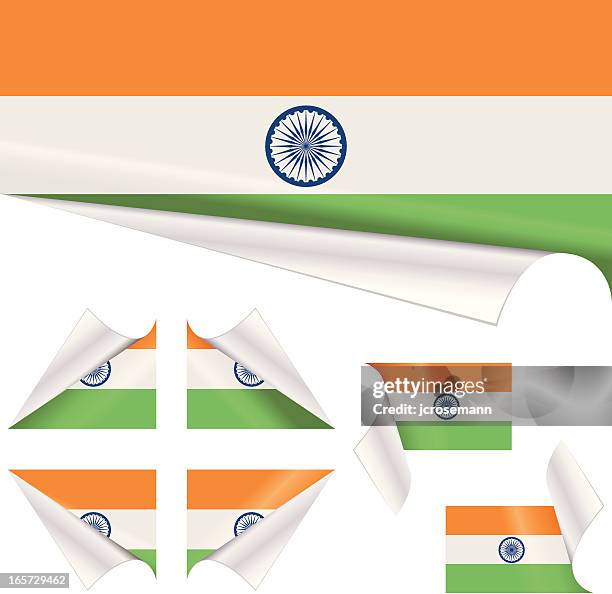 stockillustraties, clipart, cartoons en iconen met indian flags behind curled paper - orange peel