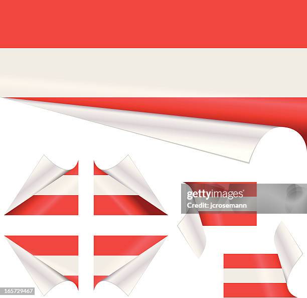 österreichische flagge hinter gelockter papier - corner peel stock-grafiken, -clipart, -cartoons und -symbole