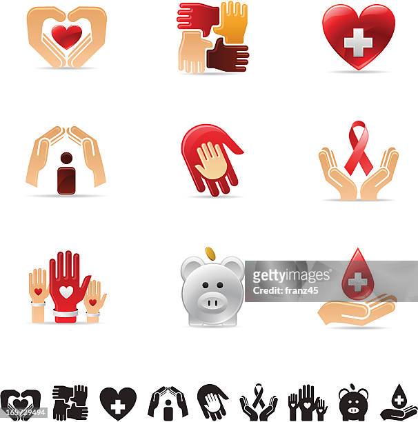 glossy icon set - charity - refugee icon stock illustrations