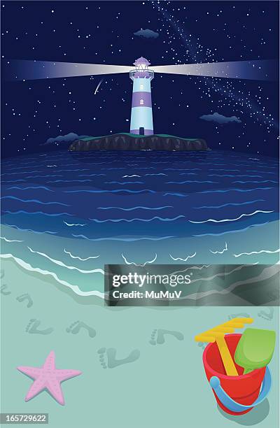 beach & lighthouse island - night version - sand bucket stock illustrations