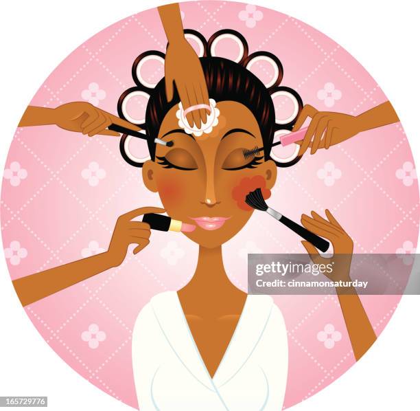 african american woman applying make-up - applying mascara stock illustrations