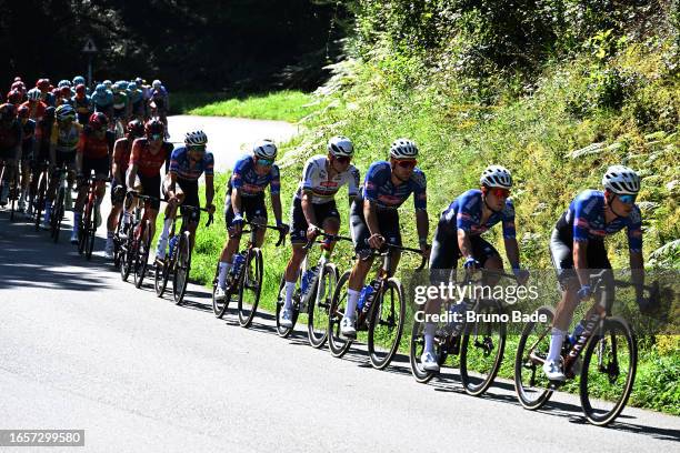 Mathieu Van Der Poel of The Netherlands and Team Alpecin-Deceuninck and the peloton compete during the 87th Bretagne Classic - Ouest-France 2023 a...