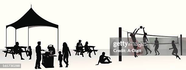 beach activities vector silhouette - family at a picnic stock illustrations