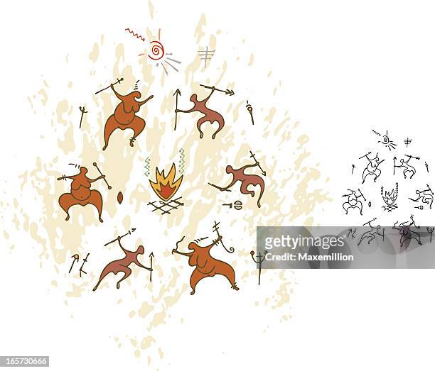 cave painting tribal dancing - cave painting vector stock illustrations