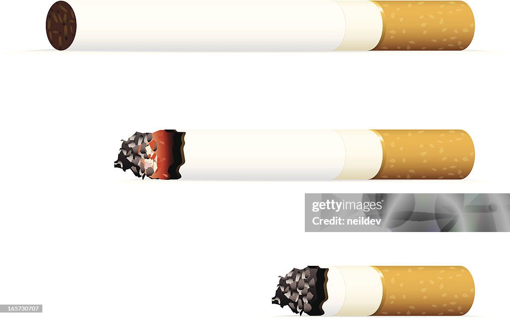 Three cigarettes - whole, burning, and a stub.