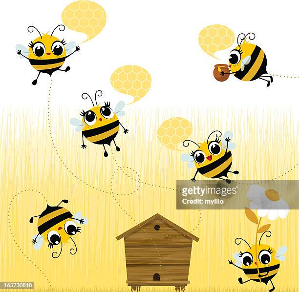 cartoon bees flying around the wooden hive - bee flower stock illustrations