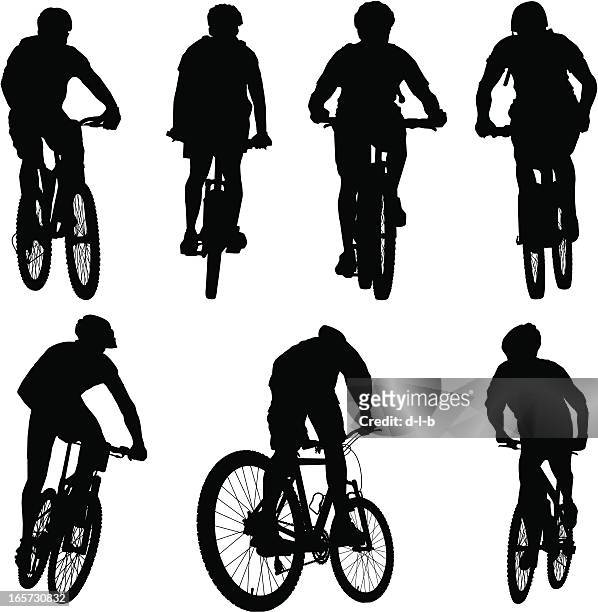 silhouetten von mountainbiker - mountainbiking stock-grafiken, -clipart, -cartoons und -symbole