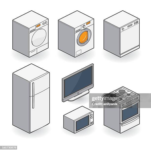 white appliances - isometric - dishwasher stock illustrations