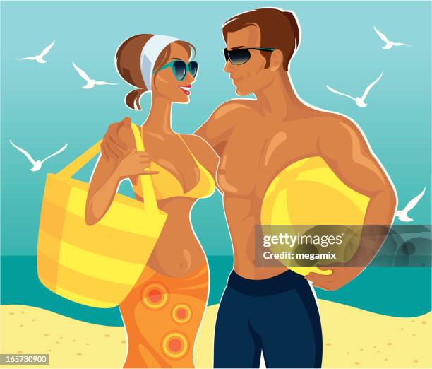 ilustraciones, imágenes clip art, dibujos animados e iconos de stock de pareja en una playa. - bolsa de playa