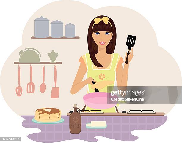 flipping pancakes - kitchen bench stock illustrations