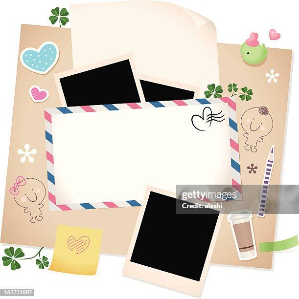 stockillustraties, clipart, cartoons en iconen met valentine design element: greeting envelope with paper and photo frames - frame