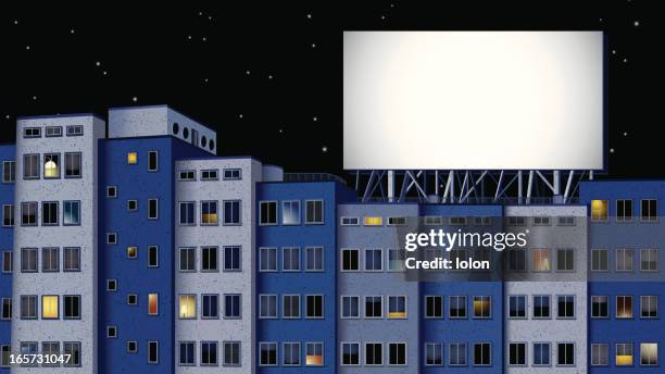 buildings and billboard at night - billboard night stock illustrations