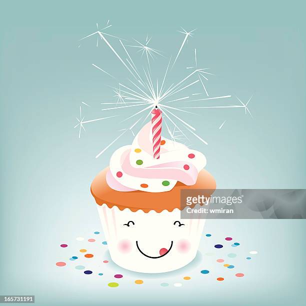 stockillustraties, clipart, cartoons en iconen met happy birthday cupcake with sparkler candle - whipped cream