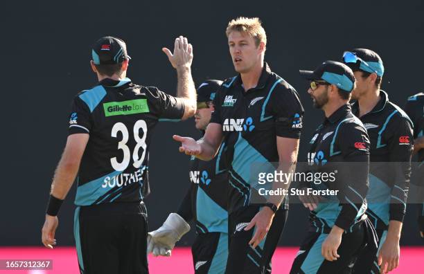 New Zealand bowler Kyle Jamieson is congratulated by team mates after taking the wicket of Will Jacks during the 3rd Vitality T20I between England...