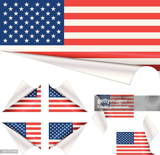 amerikanische flaggen hinter gelockter papier - corner peel stock-grafiken, -clipart, -cartoons und -symbole