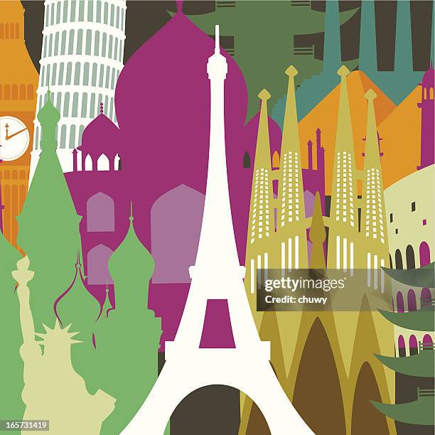 eiffel tower against monuments background - red square stock illustrations