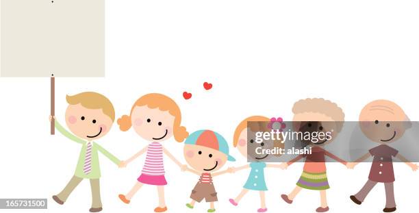 glücklich multi-generationen-familie hält eine leere schild - kindertag stock-grafiken, -clipart, -cartoons und -symbole