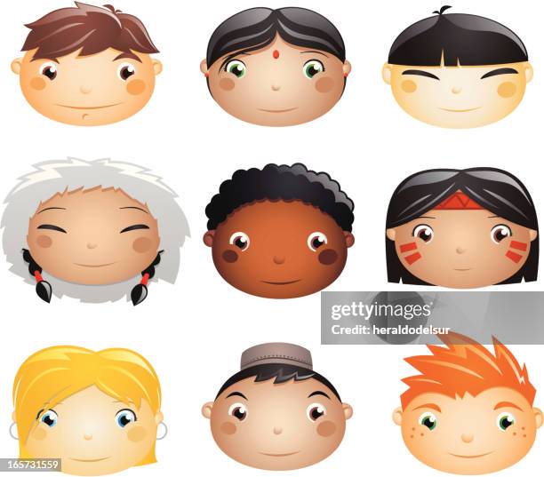 kinder aus der ganzen welt - kids smiling multiple nationalities stock-grafiken, -clipart, -cartoons und -symbole