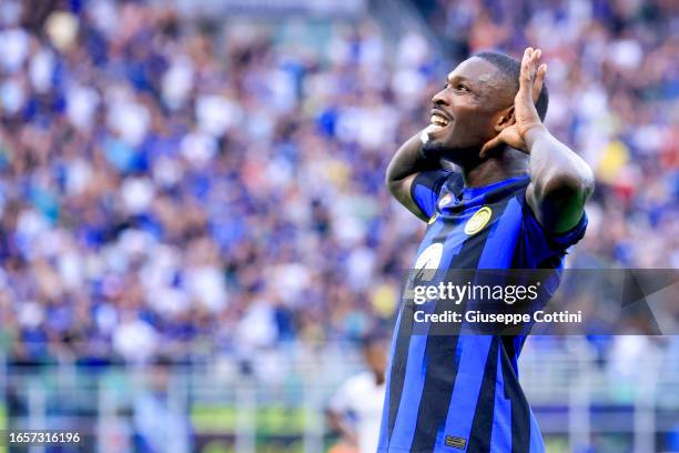 Marcus Thuram of FC Internazionale celebrates after scoring the opening goal during the Serie A TIM match between FC Internazionale and ACF...