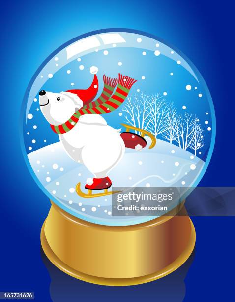 snow globe - ice-skating bear - bare tree stock illustrations