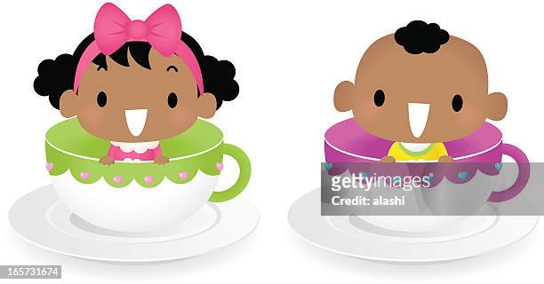 baby boy and girl sitting in coffee cup - child imagination stock illustrations