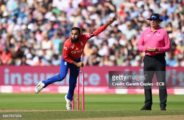Adil Rashid of England bowls during the 3rd Vitality T20 International between England and New Zealand at Edgbaston on September 03, 2023 in...