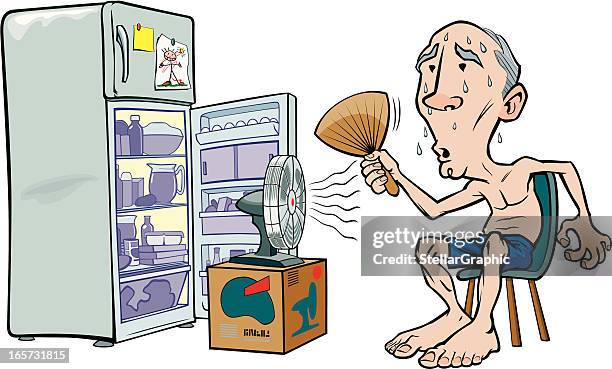 stockillustraties, clipart, cartoons en iconen met cartoon image of an old man trying to beat the heat - elektrische ventilator