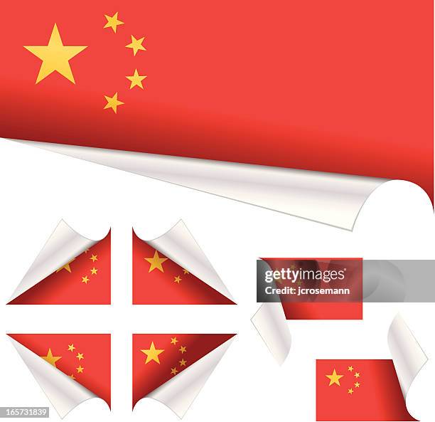 chinese flags behind curled paper - corner peel stock illustrations