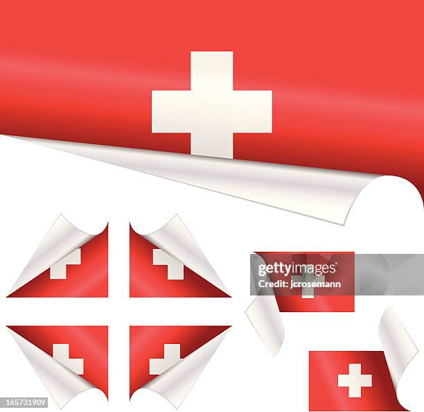 schweizer flagge hinter gelockter papier - corner peel stock-grafiken, -clipart, -cartoons und -symbole